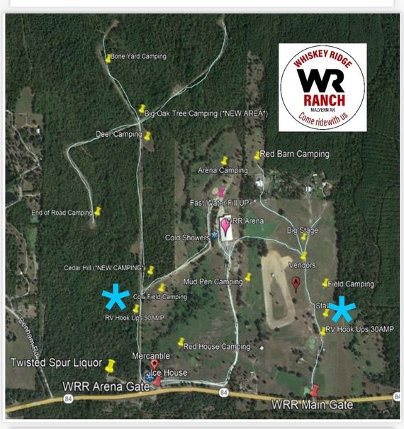 Map of WR Ranch with marked locations, trails, and blue star icons on a forested property map.