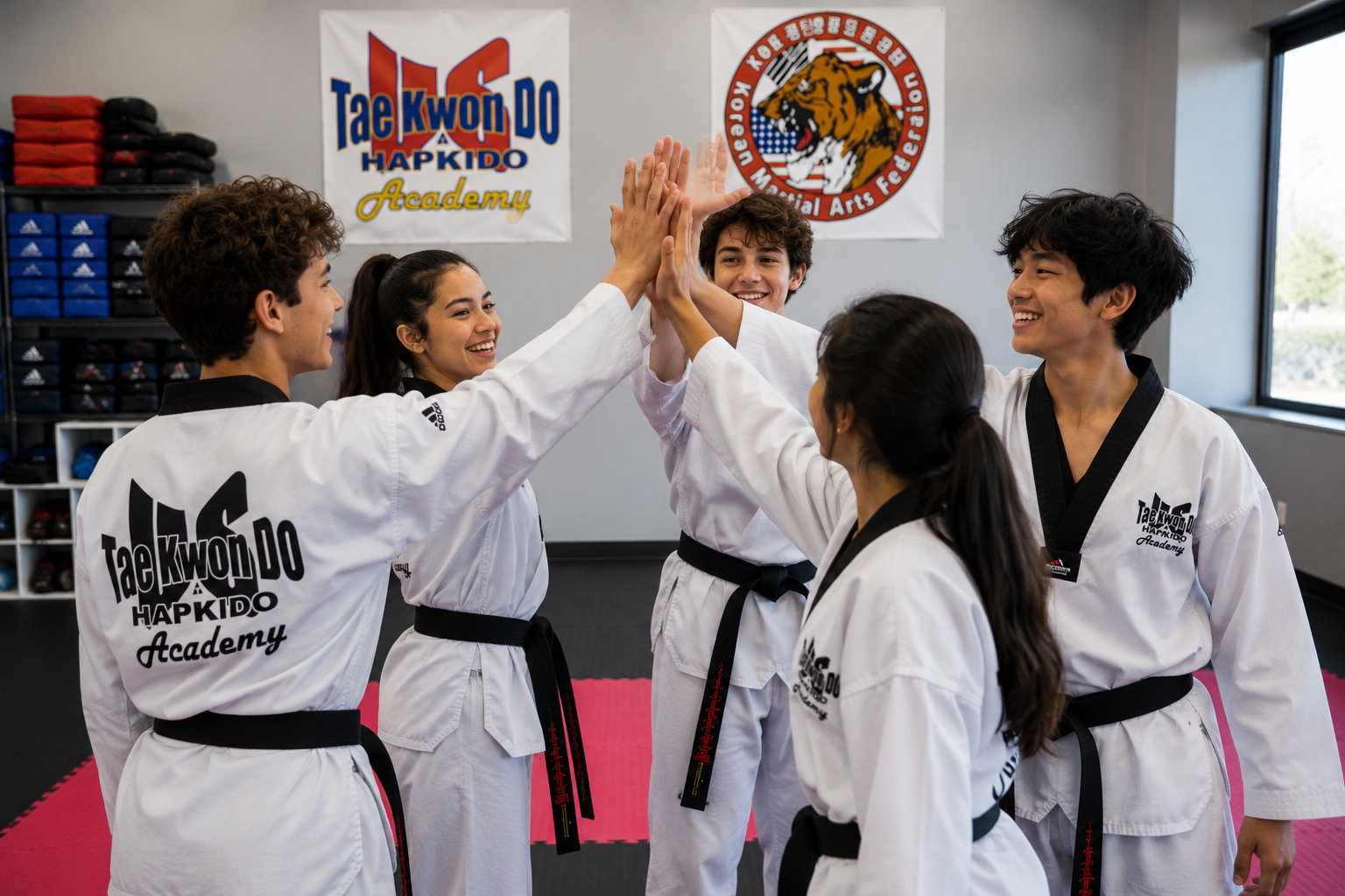 Teen martial arts students celebrating with a team high five