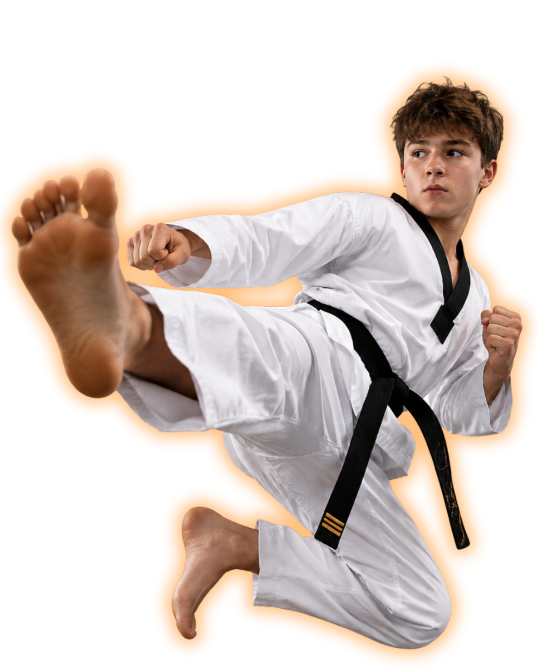 Teen martial arts student performing a high kick at Tennessee Taekwondo