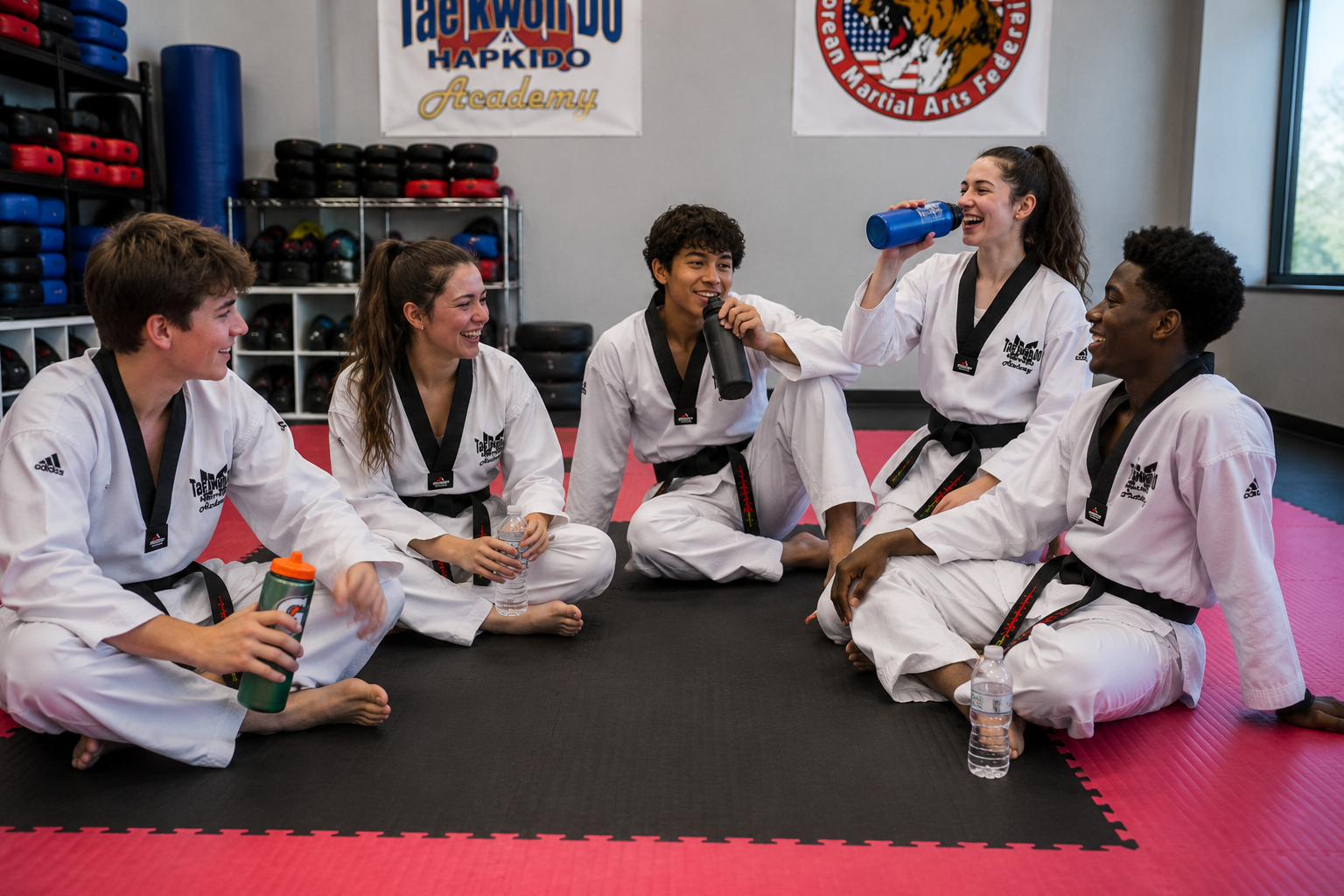 Teen martial arts students laughing during a water break
