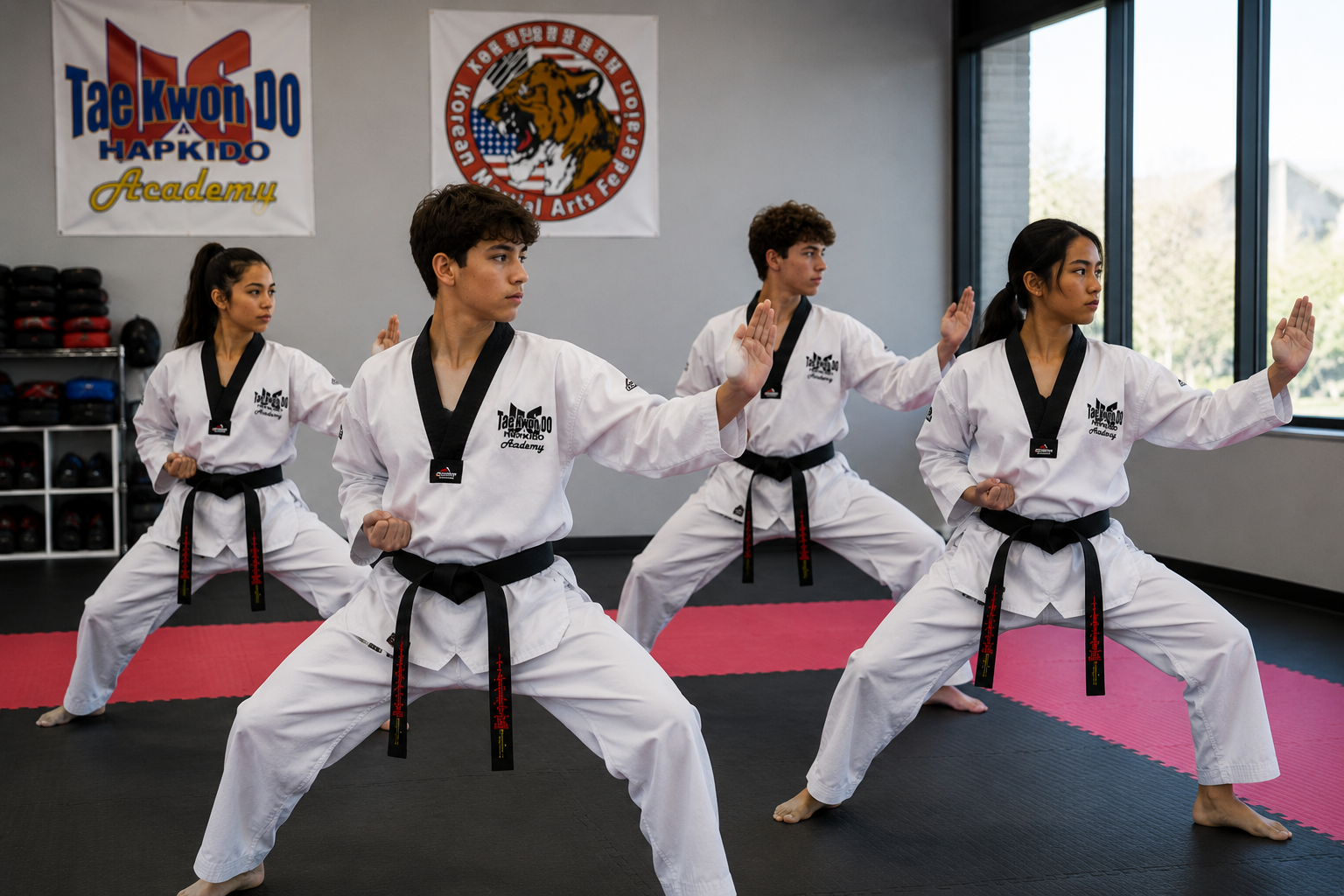 Teen martial arts students practicing forms together