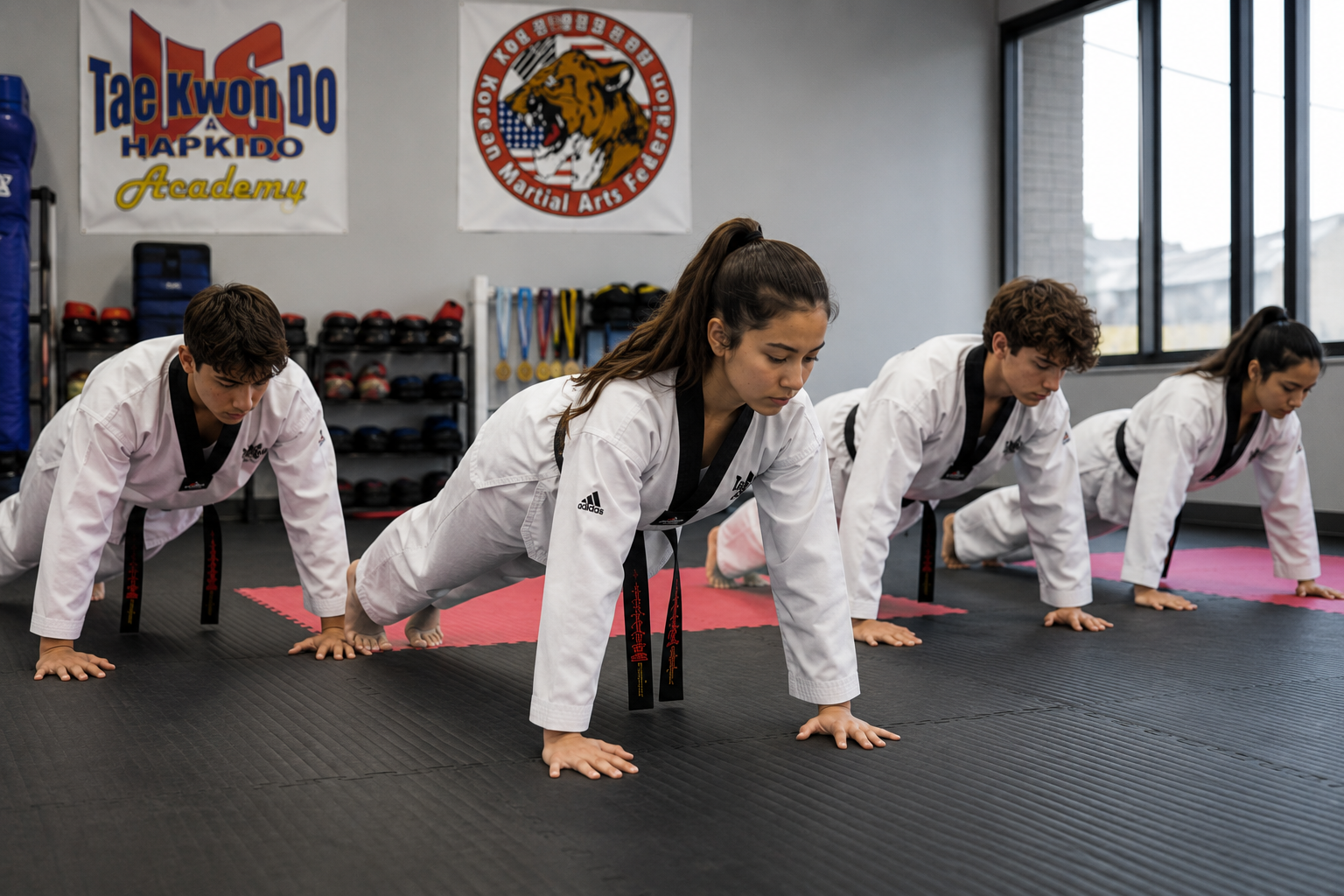 Teen martial arts students doing push-ups during conditioning