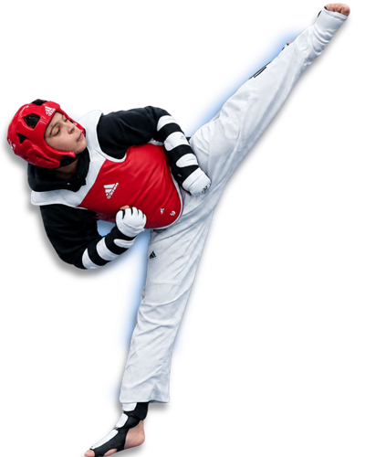 Child Taekwondo student performing a high side kick during martial arts training at Tennessee Taekwondo in Mt. Juliet, TN