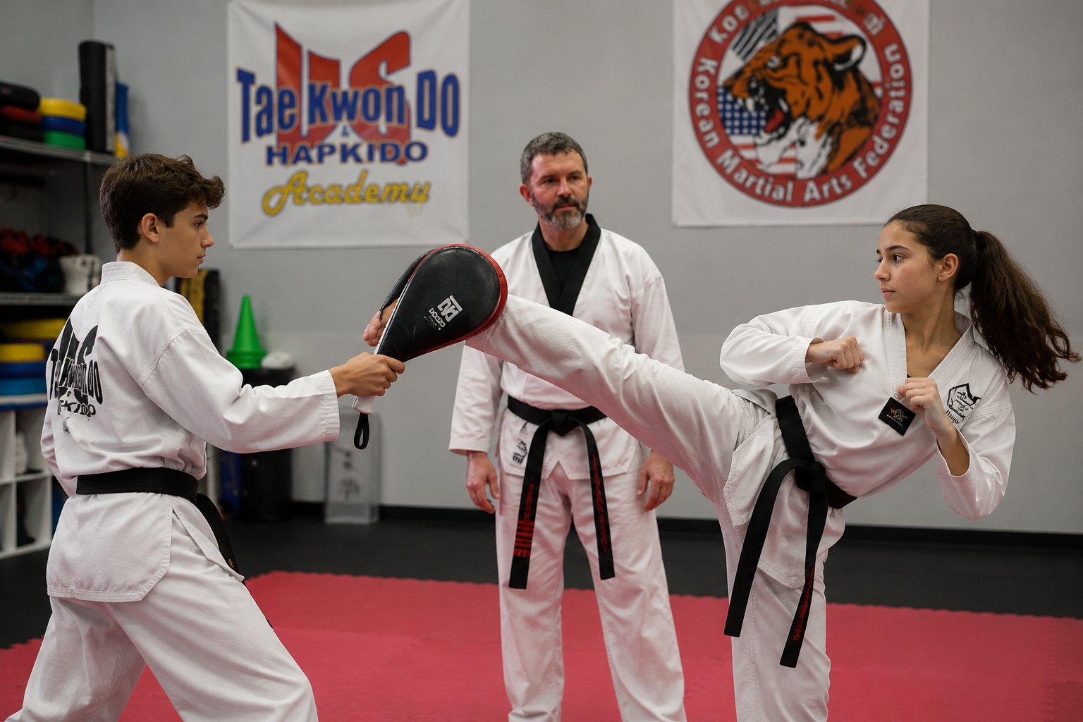 Teen martial arts student performing a high kick at Tennessee Taekwondo