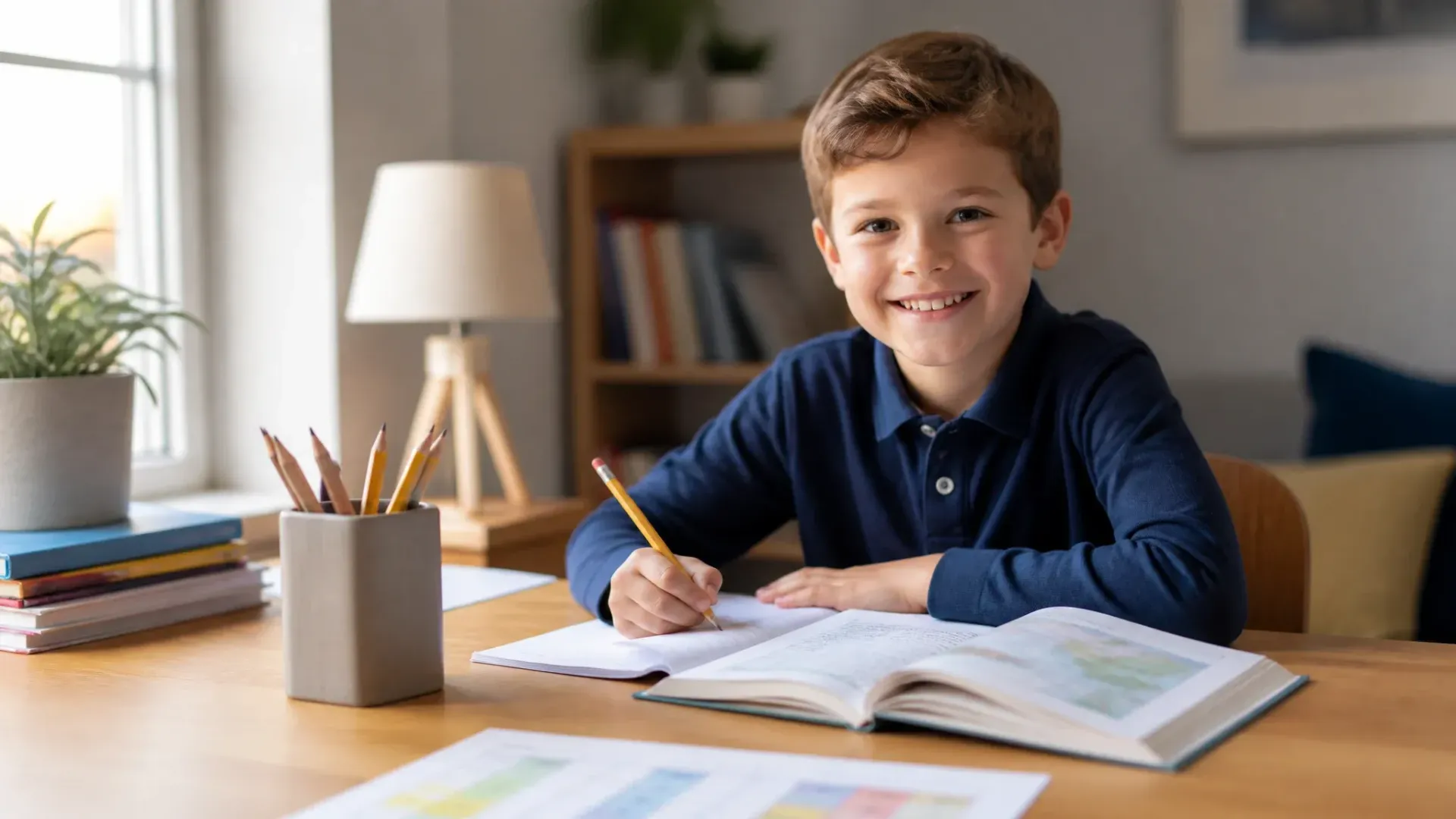Child smiling at a desk, writing in an open notebook with pencils and books nearby.