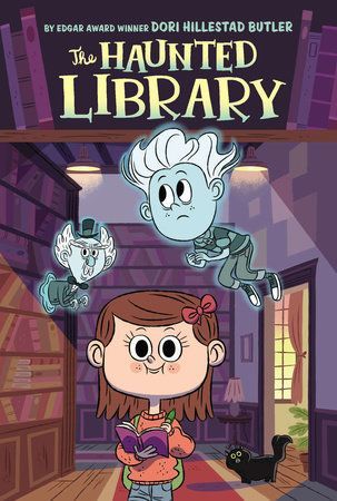 The haunted library by dori hillstad butler is a cartoon of a girl reading a book in a library.