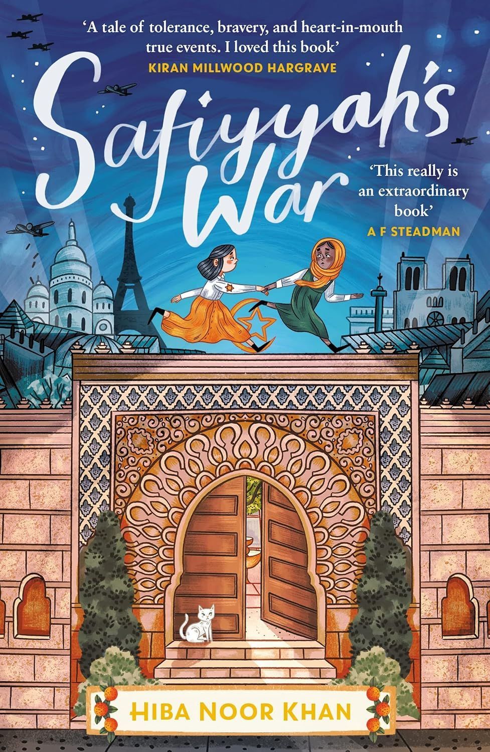 Book cover: Two children dancing over an ornate archway, Paris in the background. Title: Safiyyah's War.