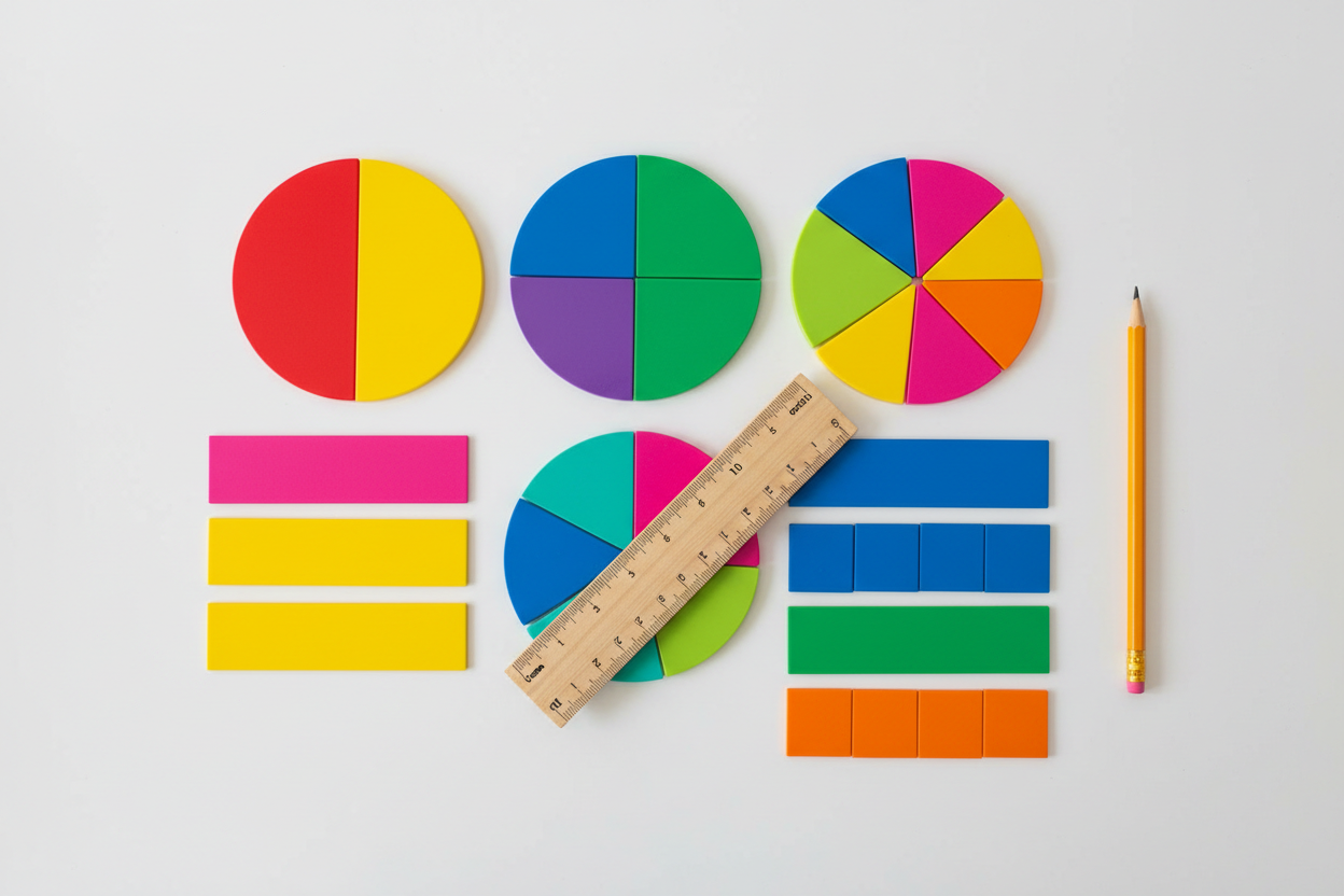 Fraction manipulatives including circles and rectangles in various colors, ruler, and pencil on white background.