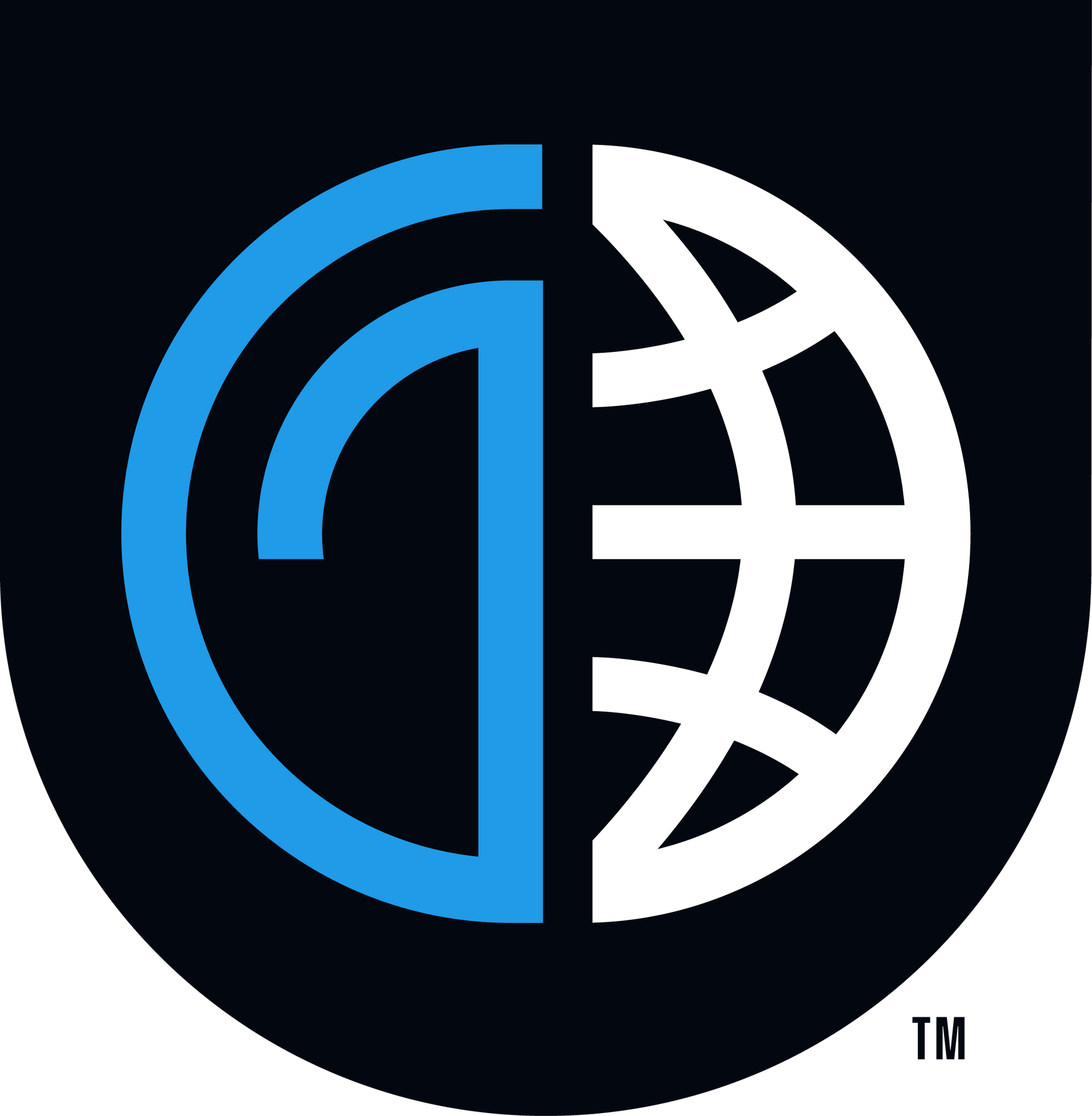 A blue and white logo with a globe in the middle