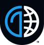A blue and white logo with a globe in the middle