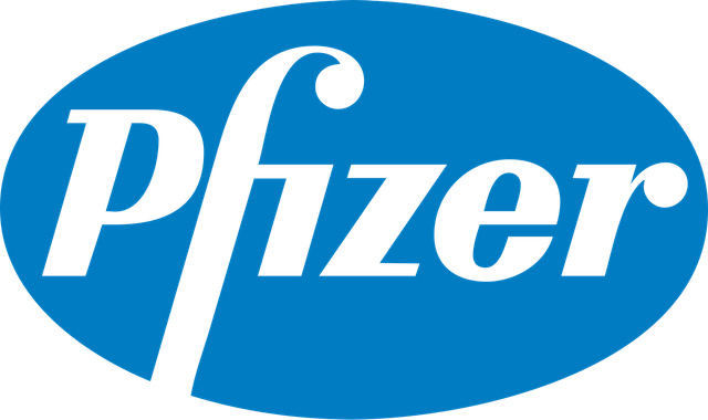 A blue pfizer logo on a white background