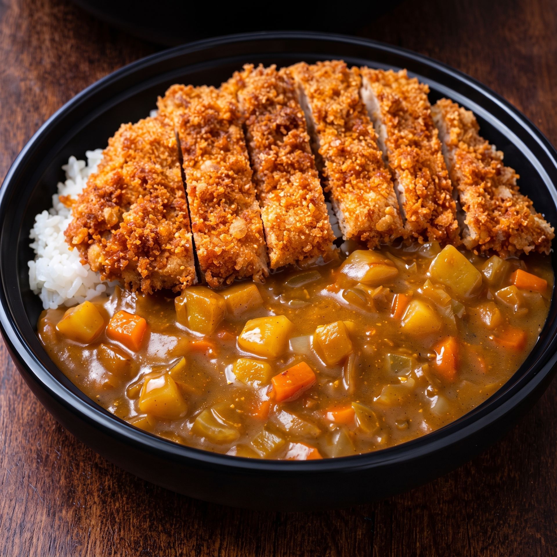 Breaded pork cutlet over curry and rice on a black plate