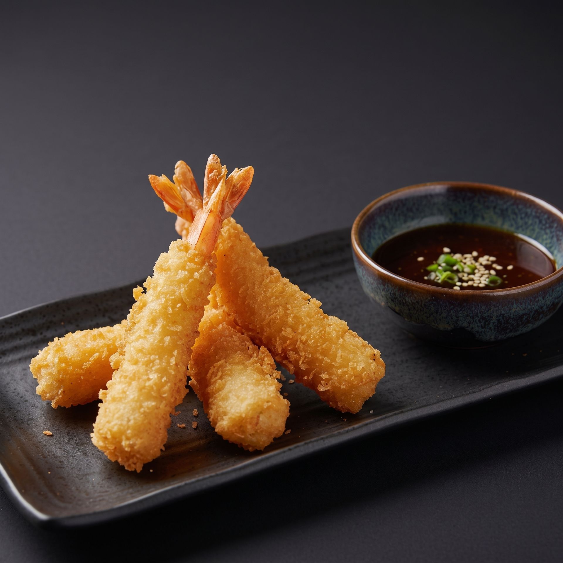 Tempura shrimp served on a black plate with dipping sauce on a dark background