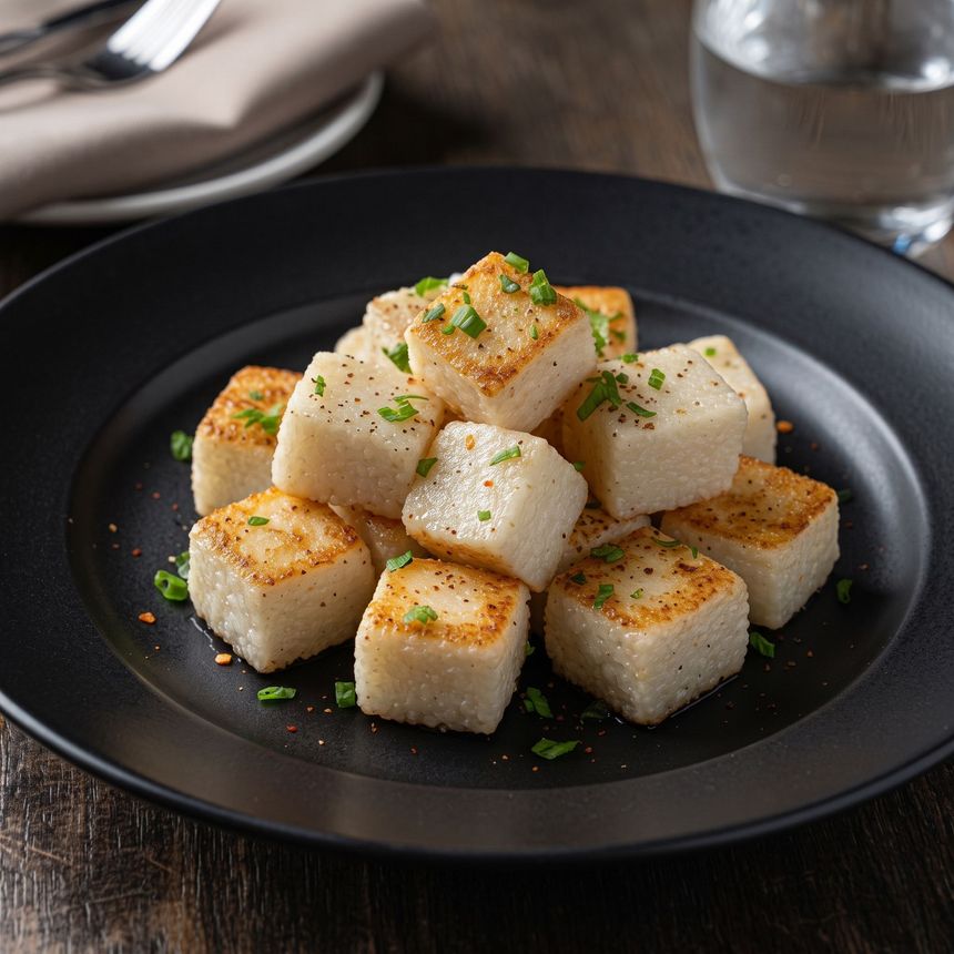 Seared tofu cubes stacked on a black plate, garnished with herbs and spices