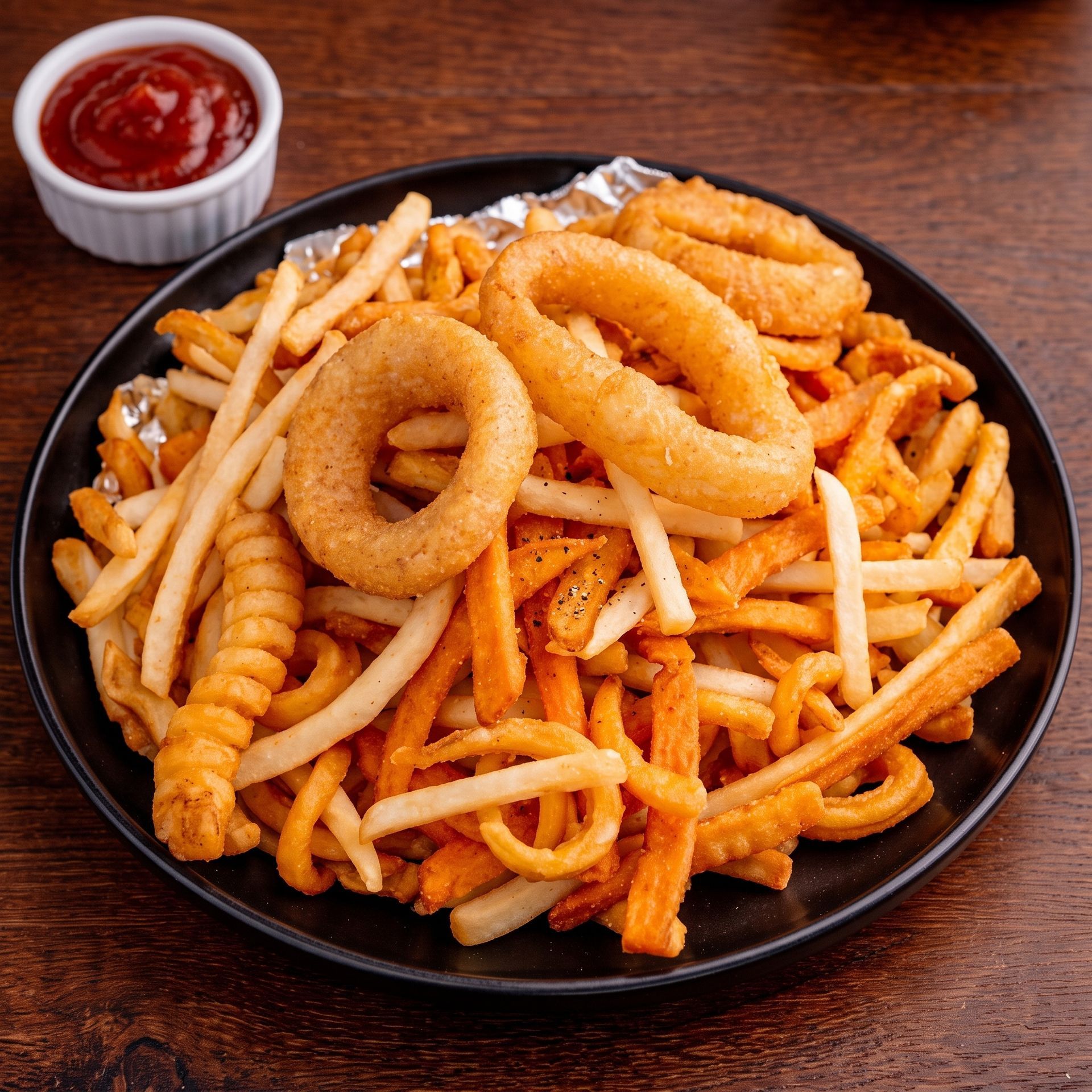 Plate of fried seafood and fries with onion rings, served with ketchup on a wooden table
