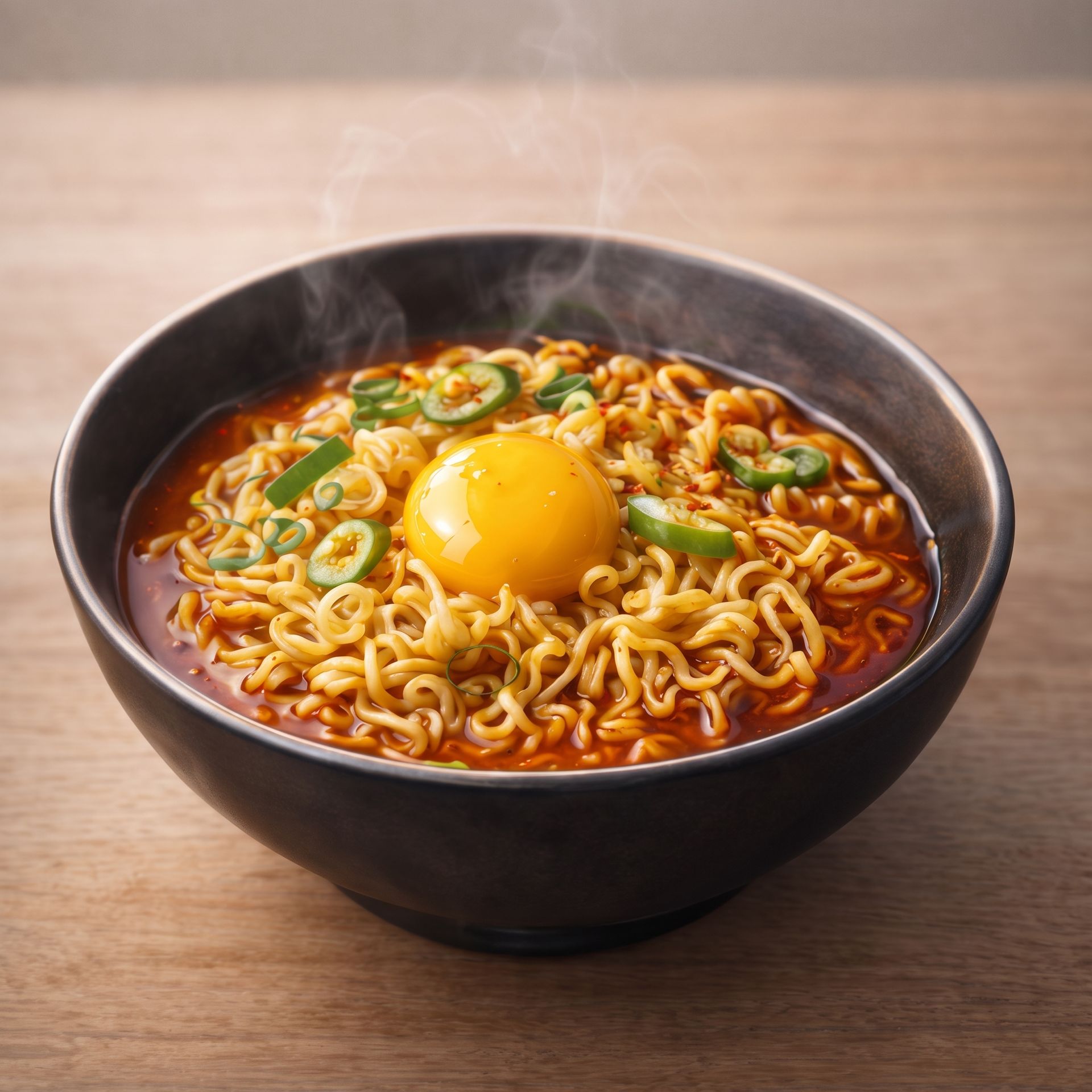 Steaming bowl of spicy ramen with a raw egg yolk and chopped green onions on a wooden table