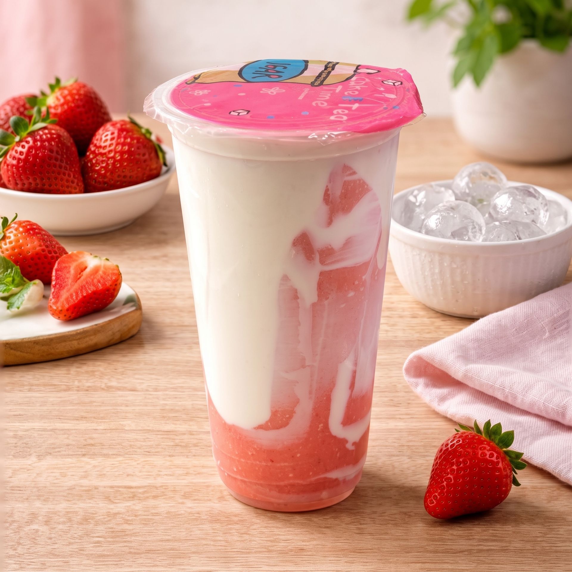 Strawberry milk drink in a clear cup with ice, on a table with fresh strawberries and a pink napkin