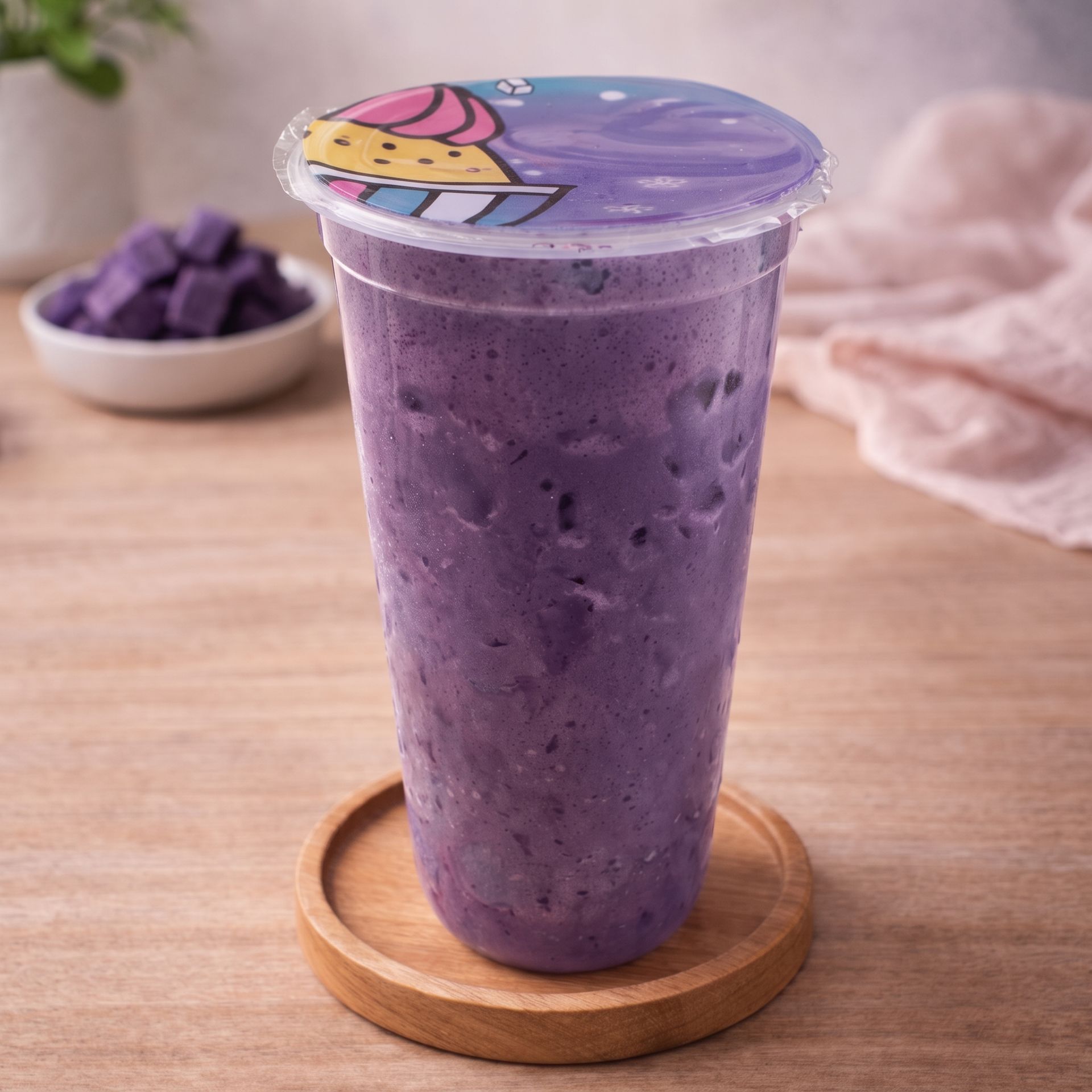 Purple smoothie in a clear lidded cup on a wooden coaster, with cubes in a bowl beside it.