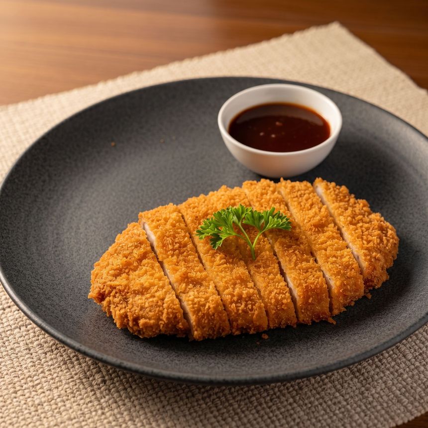 Breaded fried cutlet on a black plate with dipping sauce and parsley garnish