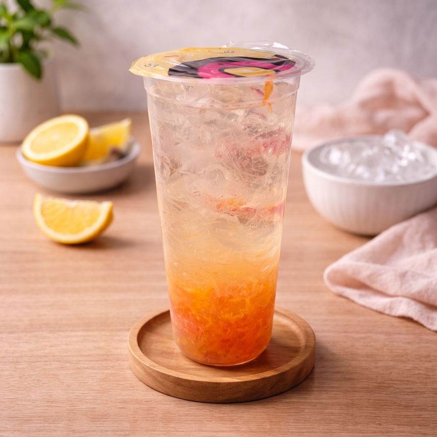 Clear iced lemon drink with pink garnish on a wooden coaster, with lemon slices and a bowl in the background
