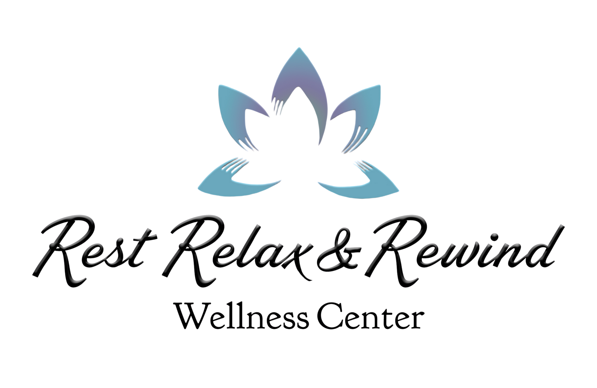 Rest Relax & Rewind Wellness Center logo with blue lotus and black script text