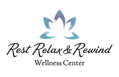Rest Relax & Rewind Wellness Center logo with blue lotus and black script text