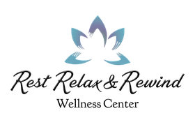 Rest Relax & Rewind Wellness Center logo with blue lotus and black script text