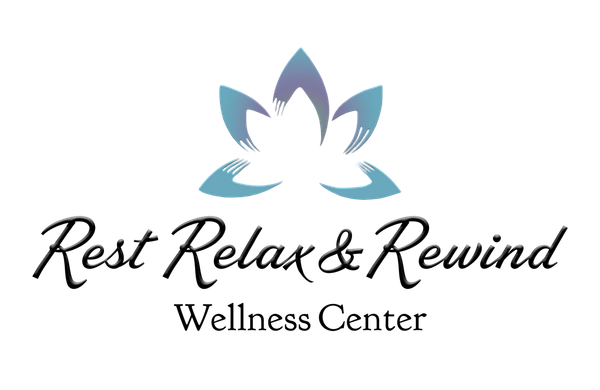Rest Relax & Rewind Wellness Center logo with lotus icon in blue and purple