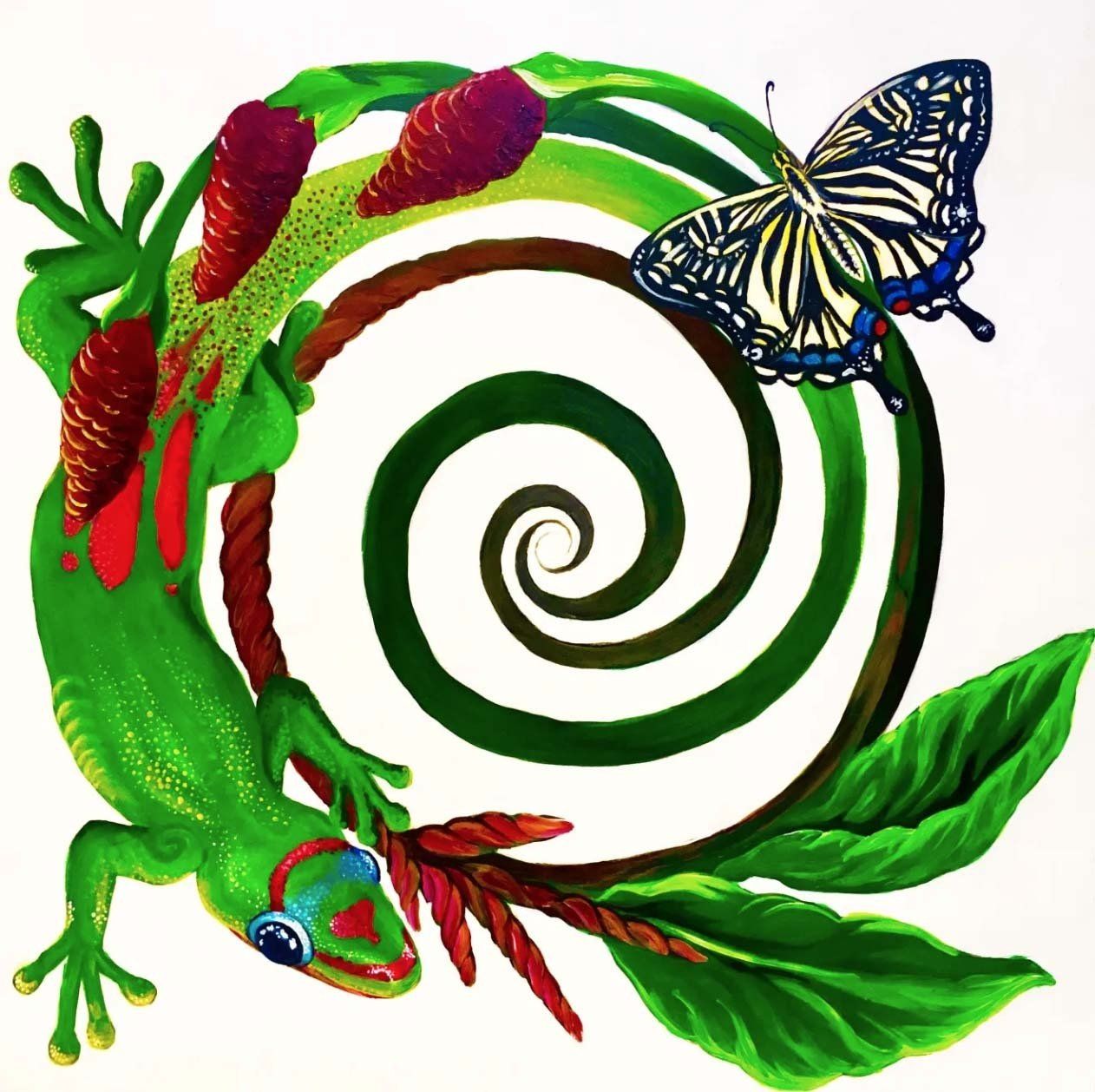 Kauai Cycles The image is a painting of a Rainbow Day Gecko and a Eastern Swallow Tail Butterfly on top of a spiral.