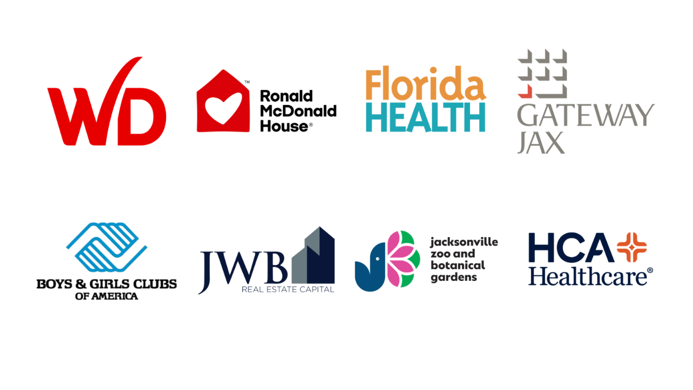 Selected Heartspace Art clients and community partners, including Winn-Dixie, Jacksonville Zoo and Gardens, Gateway Jax, JWB Real Estate Capital, Ronald McDonald House Jacksonville, Florida Department of Health, Boys & Girls Clubs, and UF Health.