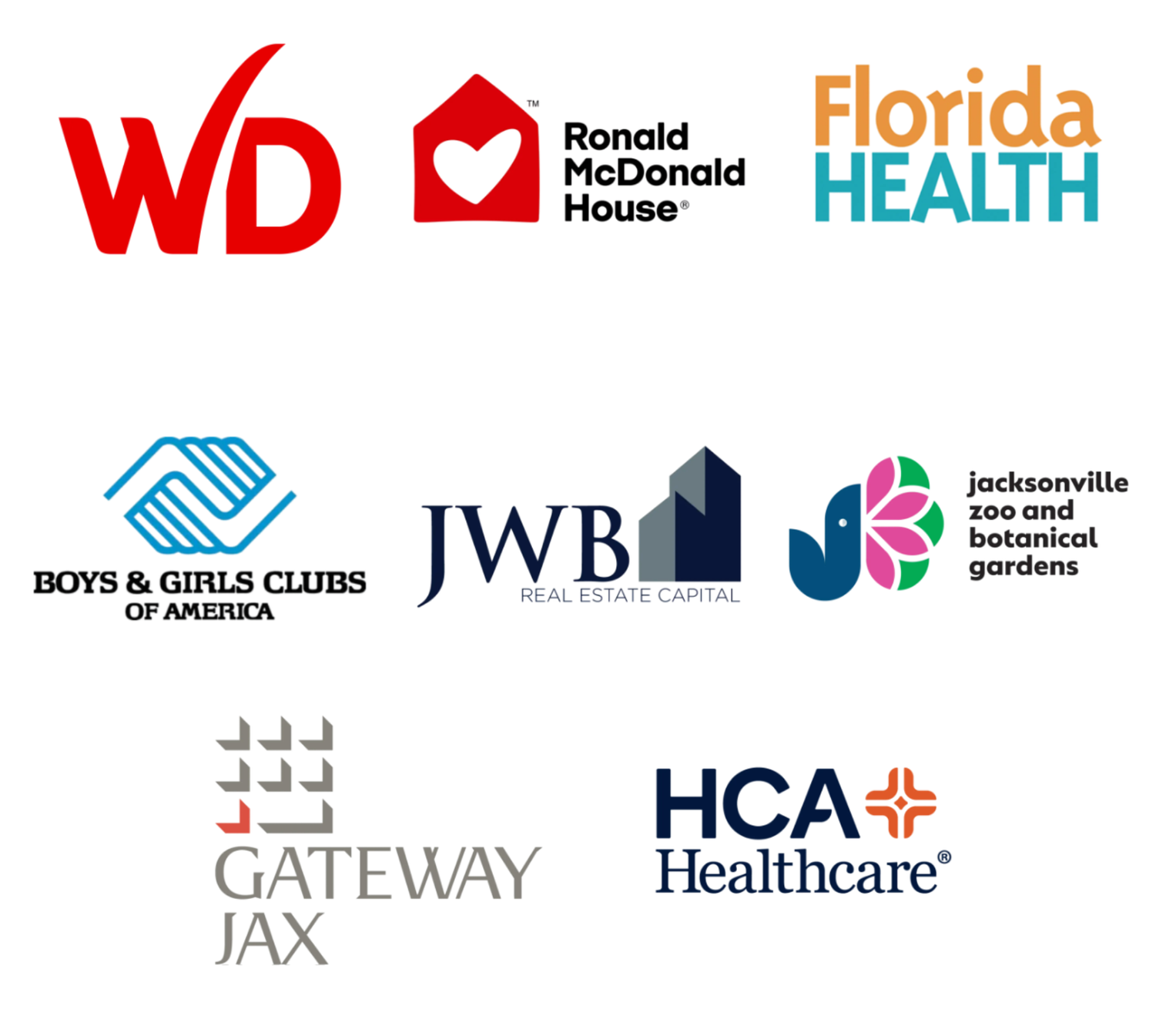 Selected Heartspace Art clients and community partners, including Winn-Dixie, Jacksonville Zoo and Gardens, Gateway Jax, JWB Real Estate Capital, Ronald McDonald House Jacksonville, Florida Department of Health, Boys & Girls Clubs, and UF Health.