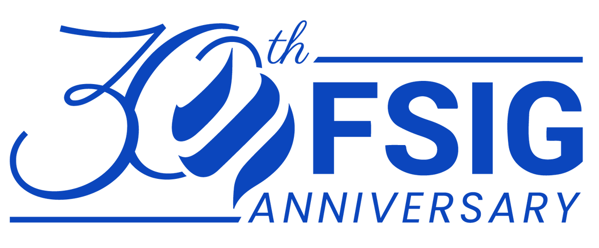 30th FSIG Anniversary logo in blue with a stylized flame graphic.