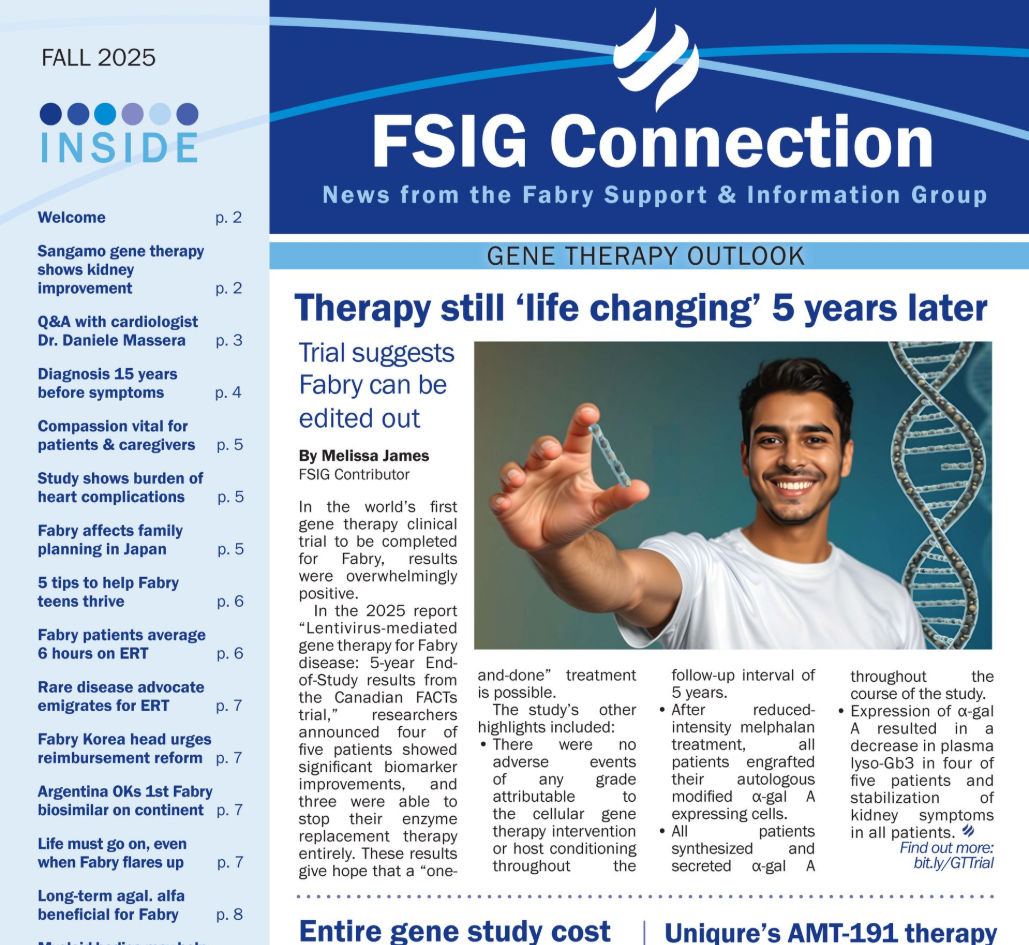 FSIG Connection newsletter with articles on Fabry disease, gender, and ethnic disparities.