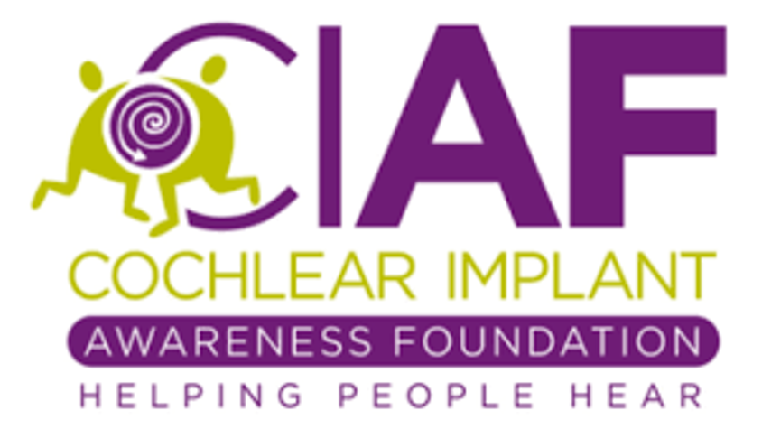 Logo for Cochlear Implant Awareness Foundation: purple text and a green turtle-like figure with a cochlear implant symbol.