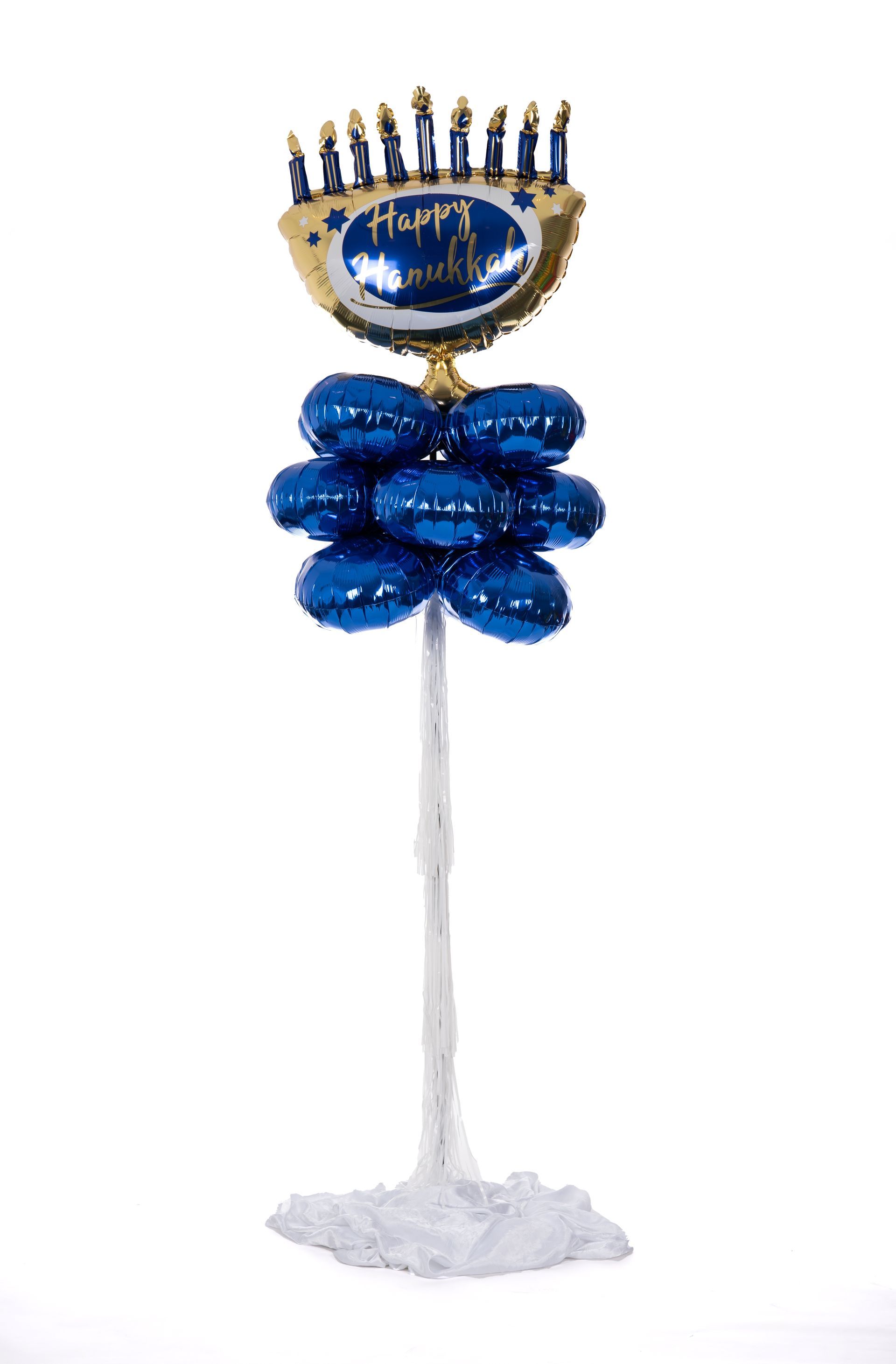 A menorah made of blue balloons on a stand.