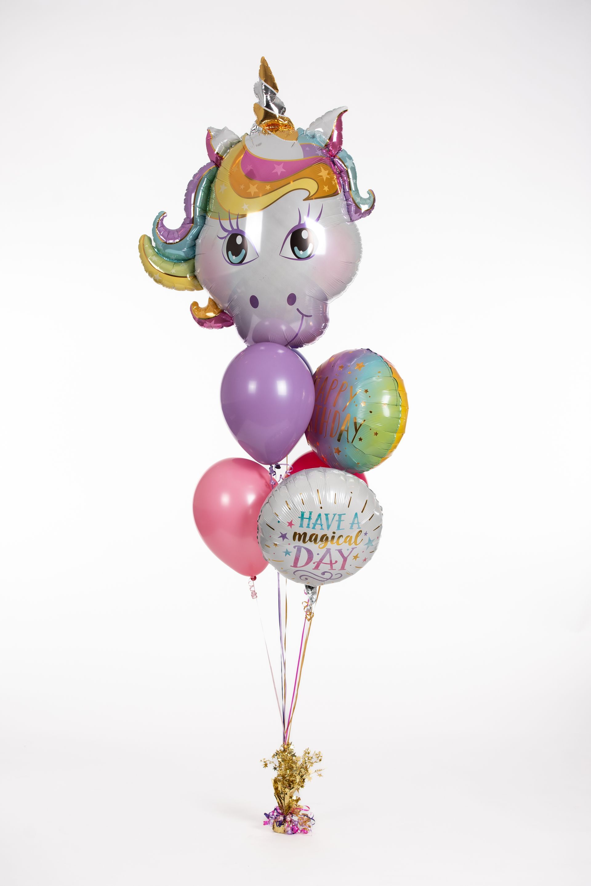 A bunch of balloons in the shape of a unicorn on a white background.