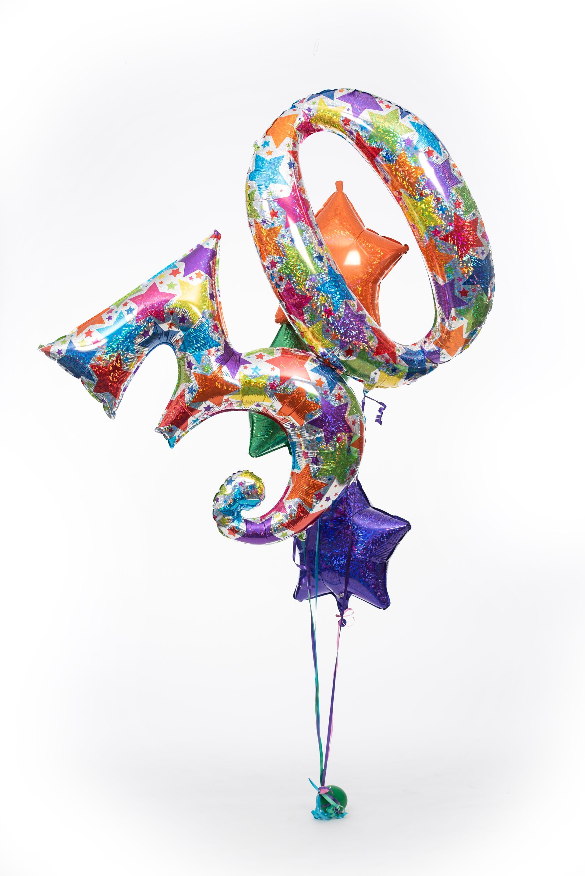 A bunch of colorful balloons in the shape of the number 40.