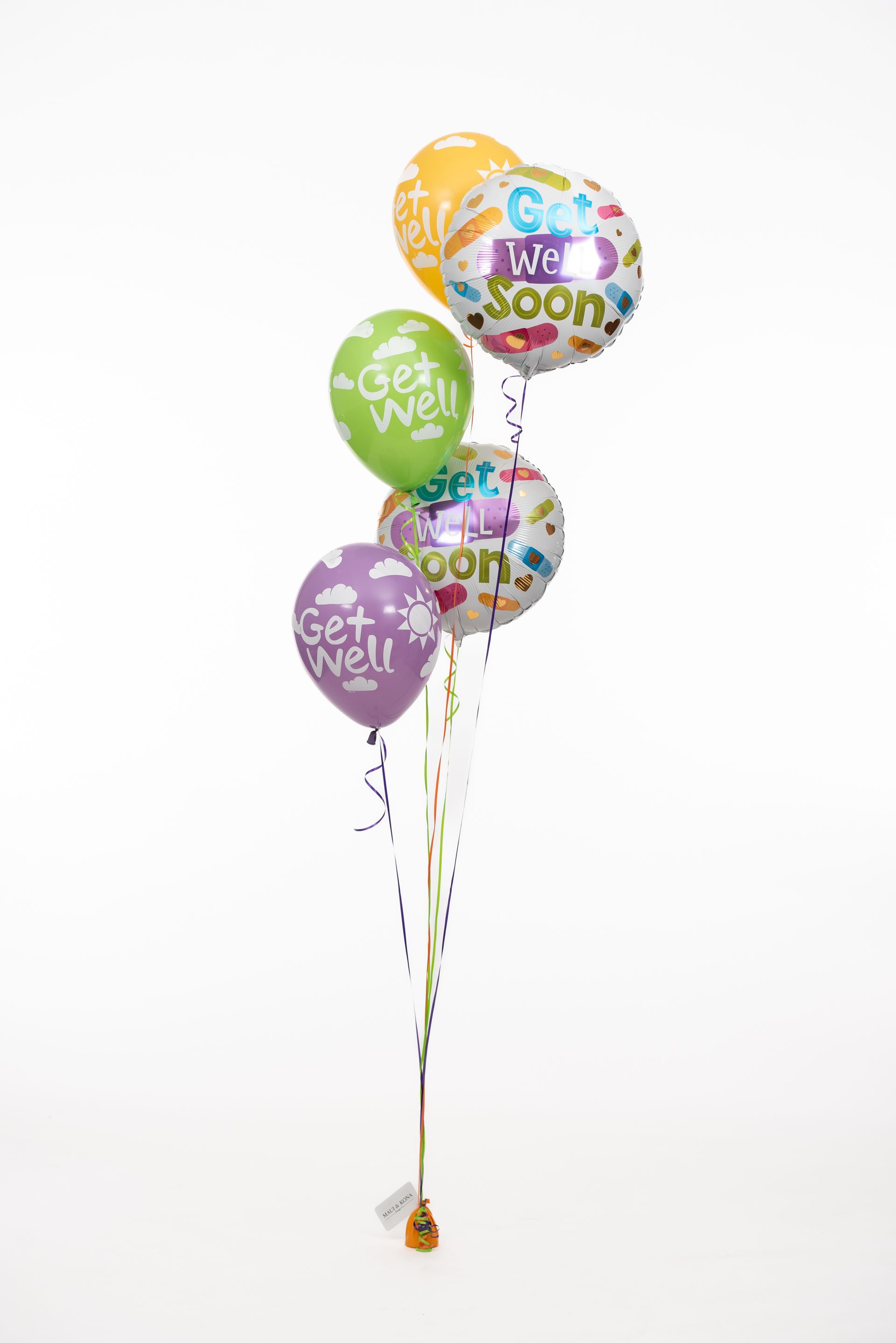 A bunch of balloons with get well soon written on them.
