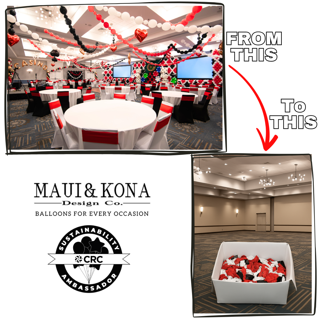 A picture of a room decorated with balloons and a picture of a box filled with balloons.