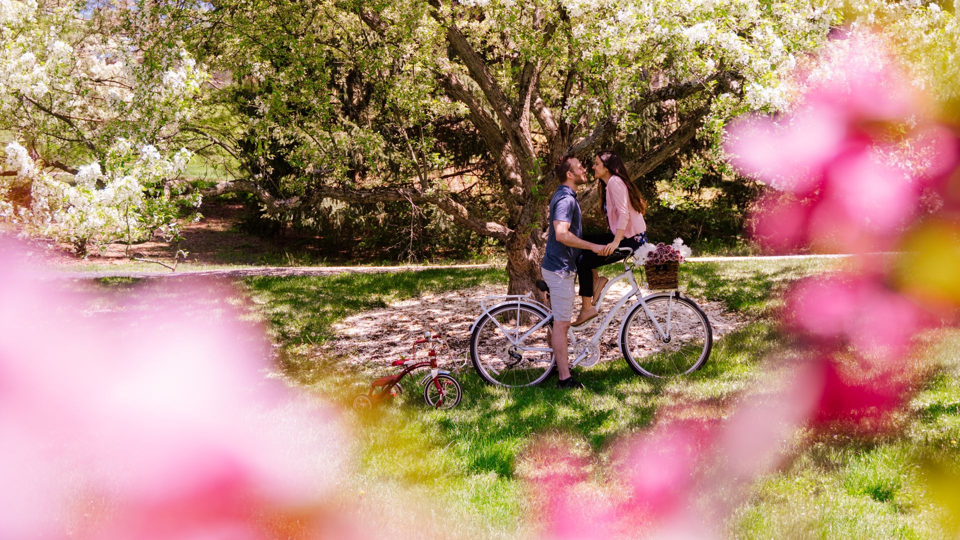 a man and a woman are standing next to a bicycle in a park .