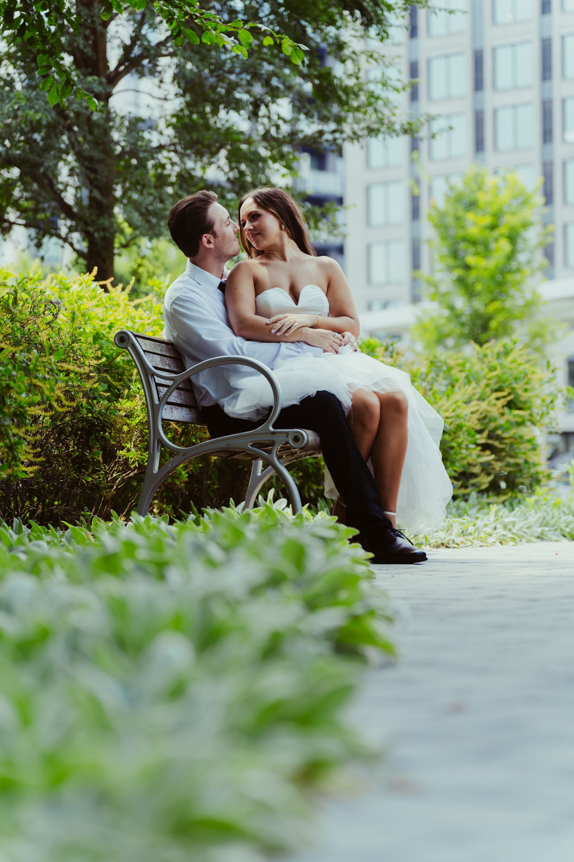 A bride and groom engagement photo downtown columbus