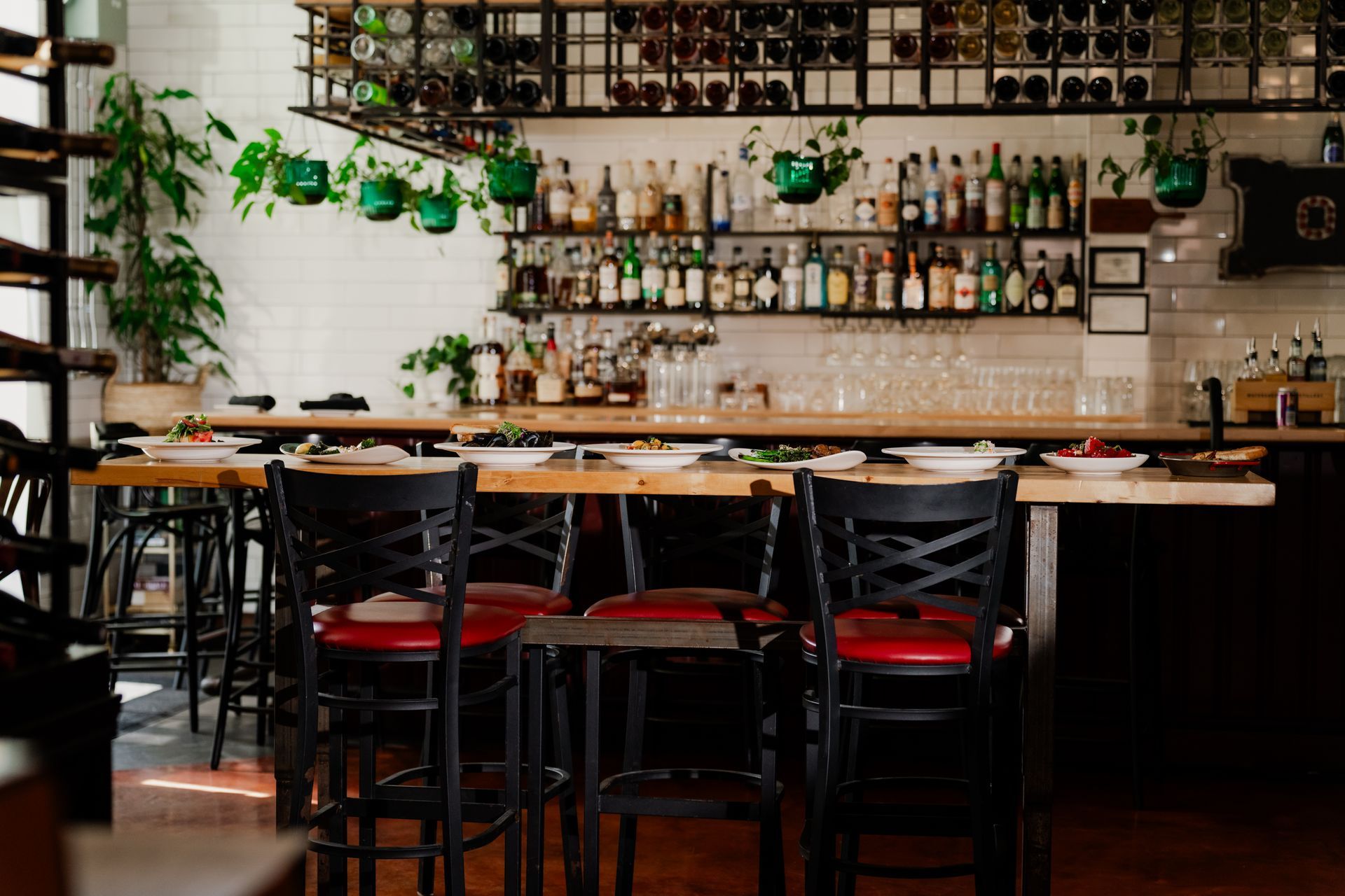 Restaurant bar with high stools, bottles on shelves, and hanging plants.