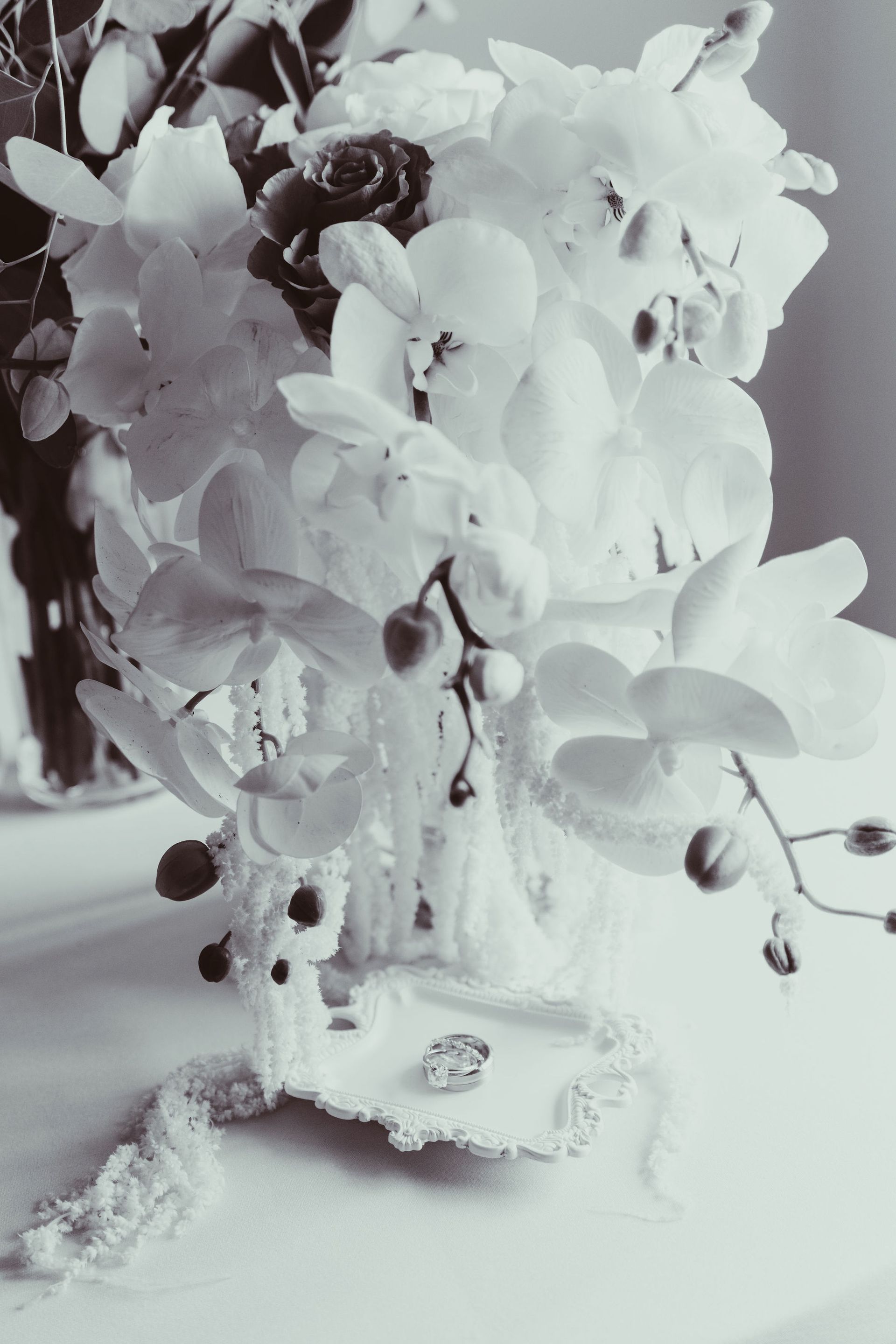 A black and white photo of a vase filled with white flowers