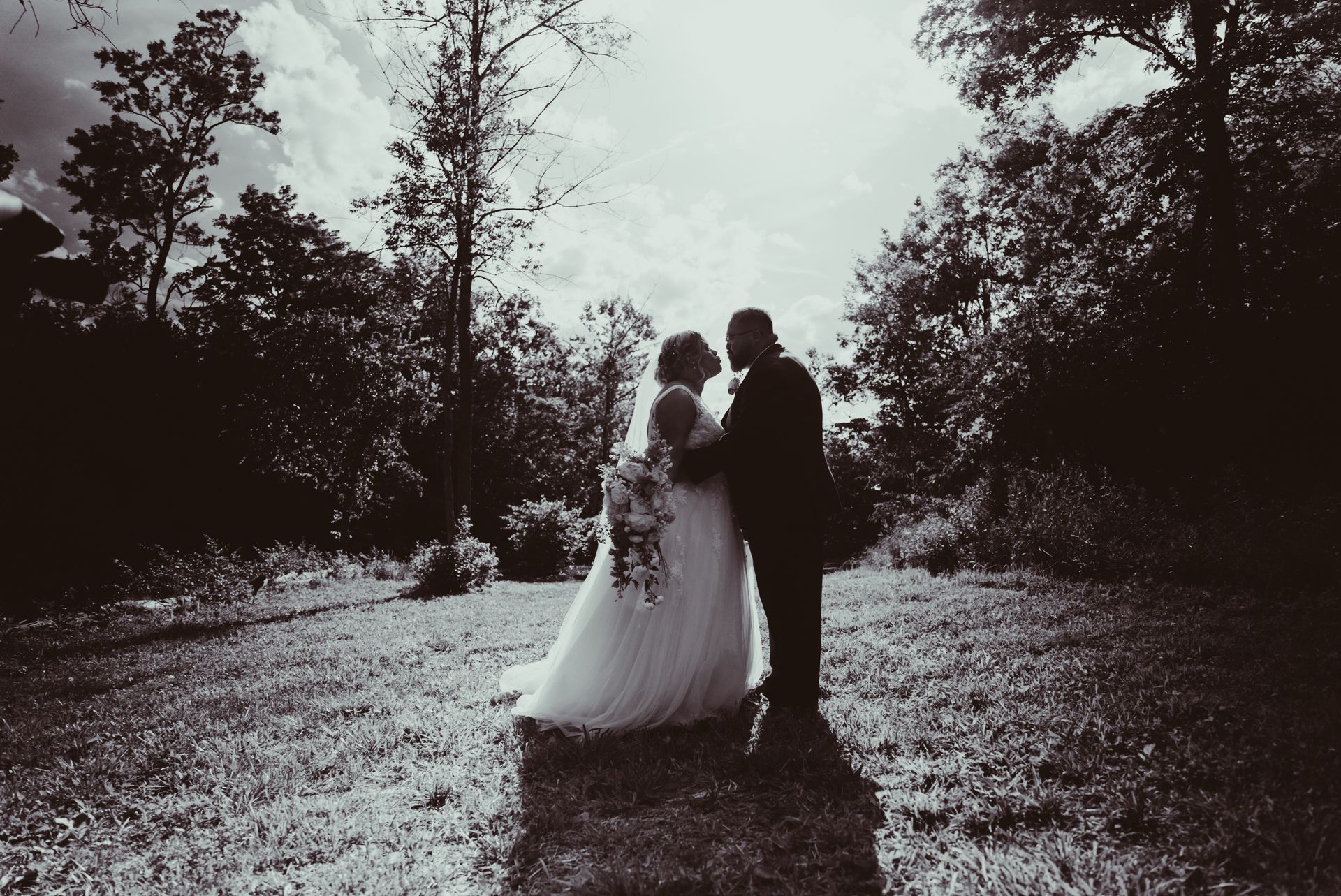 A bride and groom are kissing in a field with trees in the background.