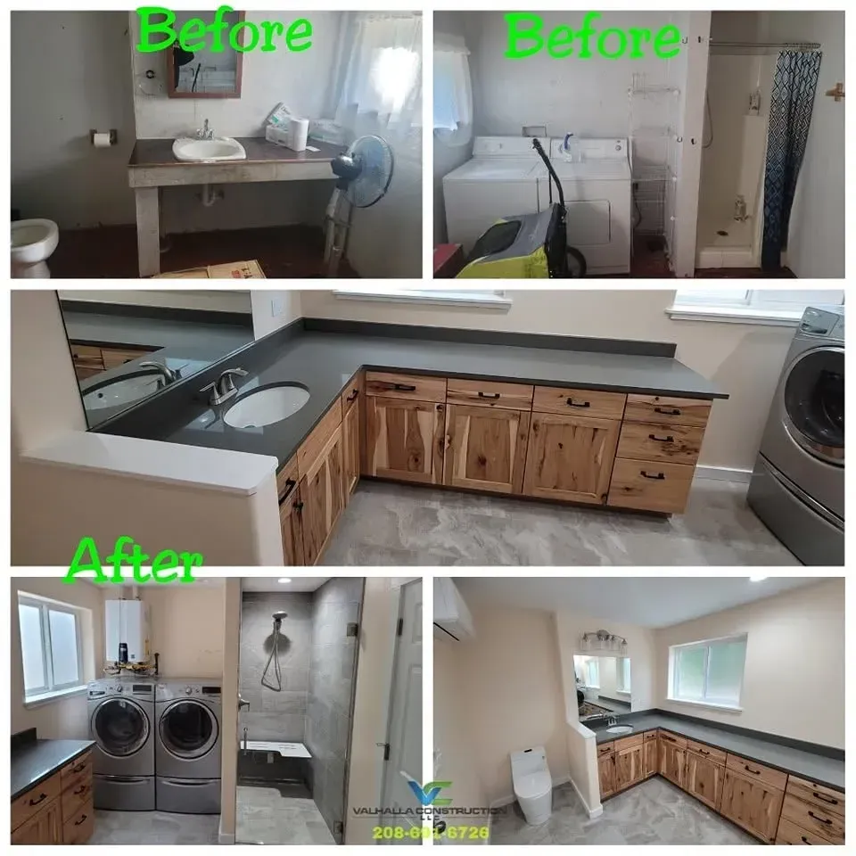 Before-and-after kitchen remodel showing white cabinets, dark countertops, and new wood cabinetry.