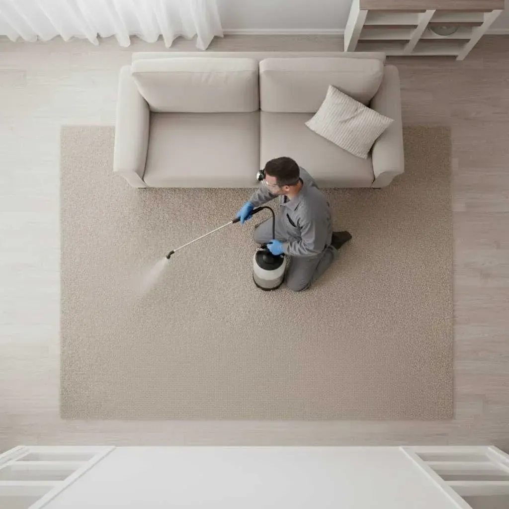 A person in a gray jumpsuit kneels on a beige carpet, spraying it with a cleaning solution.