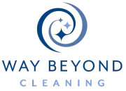 Logo of a cleaning service, “Way Beyond Cleaning.” Blue spiral design with sparkling shapes. Text in blue.