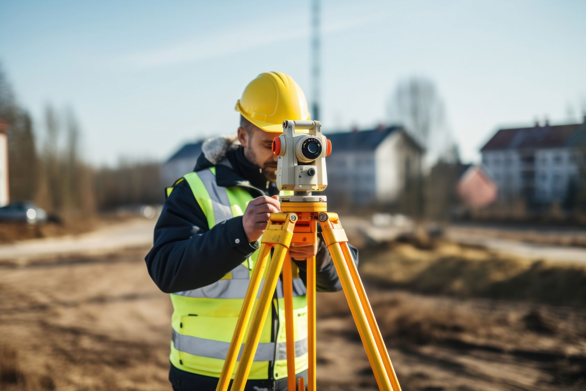 Surveying worker using a tripod-mounted level at an outdoor construction site. Surveying worker using a tripod-mounted level at an outdoor construction site.