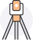 Surveying instrument on a tripod, illustrated with orange and white details against a light gray circle.