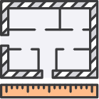 Floor plan icon with gray walls and internal partitions; orange ruler below.